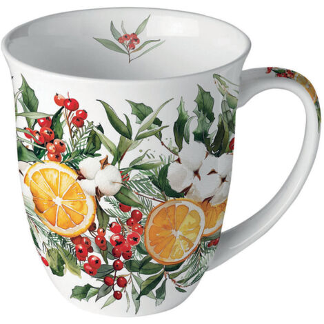 Mug en porcelaine fine aux agrumes et feuillages de Noël