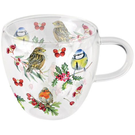Tasse à thé en verre double paroi  Oiseaux et baies hivernales