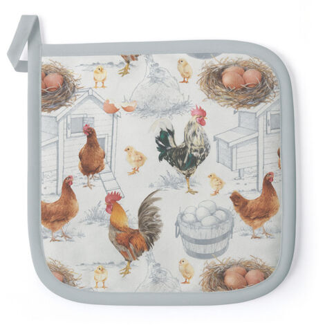 AUBRY Manique Coton Vichy Rouge Avec Poule Brodée – Manique De Cuisine 20x20 Cm Style Campagne Chic