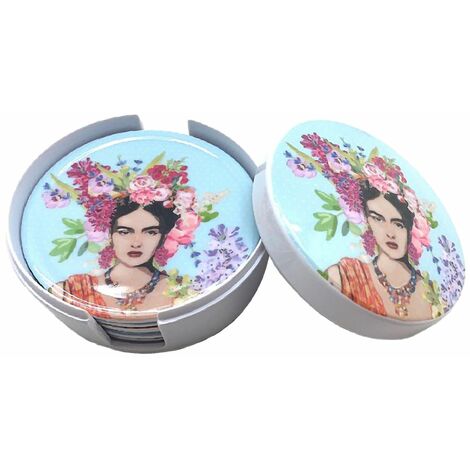 Boite bleue contenant 6 sous-verres Frida Khalo (1/2)