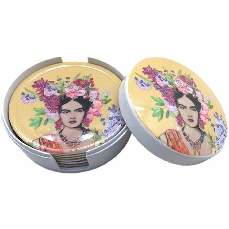 Boite jaune contenant 6 sous-verres Frida Khalo (1/2)
