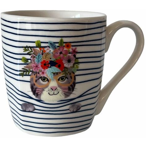 Tasse en céramique Blanche rayée chat en coffret cadeau (1/3)