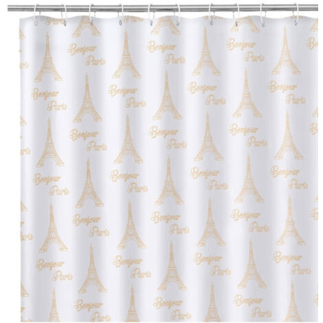 Rideau de Douche Tissu Blanc et Doré Bonjour Paris (1/2)
