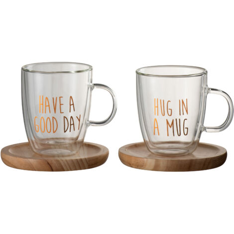 Mugs en verre avec sous tasses en bois et inscriptions cuivrées (1/4)