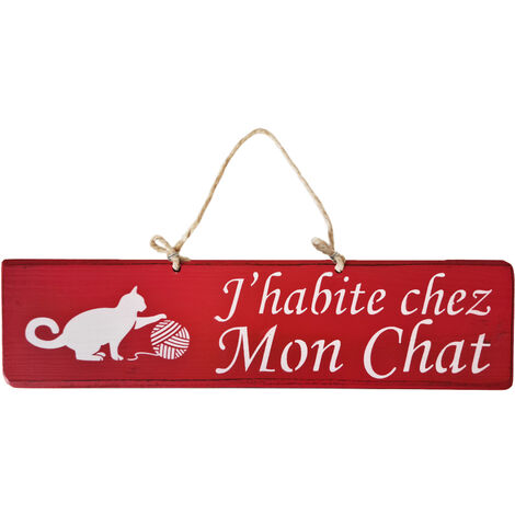 Plaque Métal J'habite Chez Mon Chat - Décoration Humoristique Avec Corde De Fixation