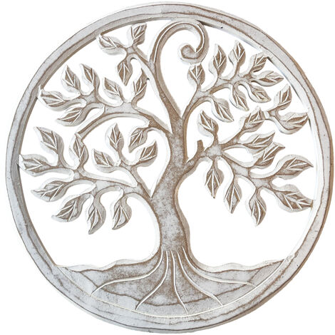 Décoration murale arbre de vie en bois blanc patiné