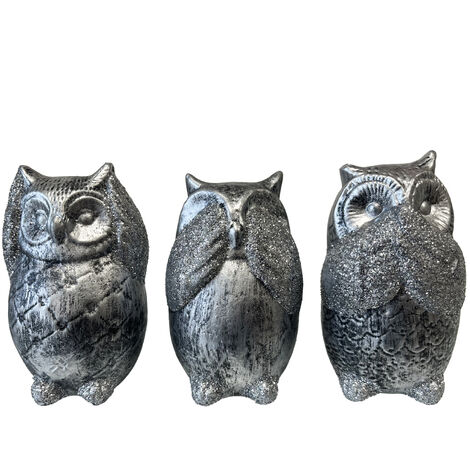Statues en céramique trio de hiboux argent pailleté (1/4)
