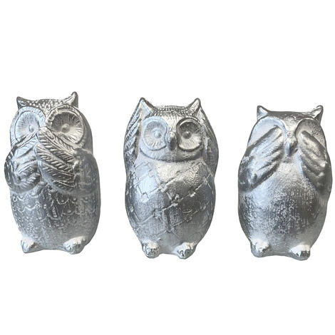 Statues en céramique trio de hiboux Blanc patiné argent (1/4)