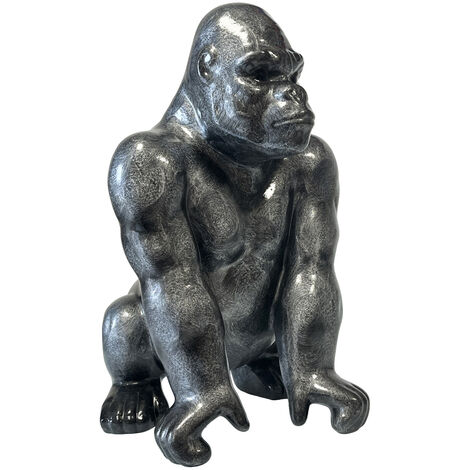 Statue en céramique gorille argent patiné 37cm – Artisanale unique fabriquée au Portugal – Dimensions 26x22cm