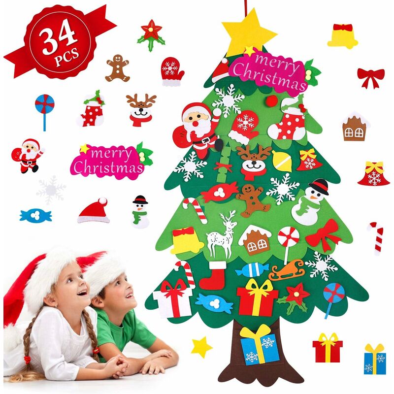 Árbol de Navidad de fieltro, árbol de Navidad de fieltro para niños con 34 adornos desmontables, árbol de Navidad de fieltro de 3.7 pies para decorar para regalos de Navidad, ventana, puerta, pared, d