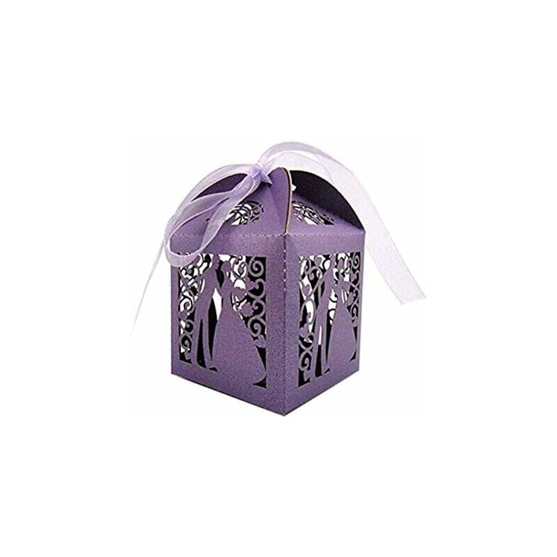 100 piezas de boda decoracion Caja decorativa de oro rojo Cajas de favor de la boda Diseño de pareja de dulces Cajas de regalo de dulces de boda de corte láser de lujo con decoraciones de mesa de cinta (púrpura cremoso)