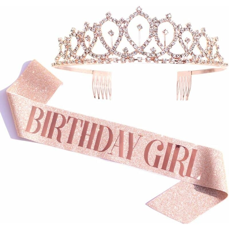 Kit de tiara de banda y diamantes de imitación para niña de cumpleaños, banda de cumpleaños con purpurina de oro rosa, regalos de cumpleaños, recuerdos de fiesta de cumpleaños