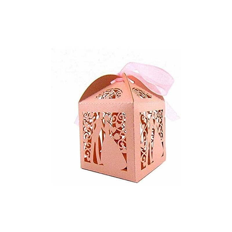 100 piezas de boda decoracion Caja decorativa de oro rojo Cajas de favor de boda Pareja Diseño de dulces Cajas de regalo de dulces de boda de corte láser de lujo con decoraciones de mesa de cinta (Cre