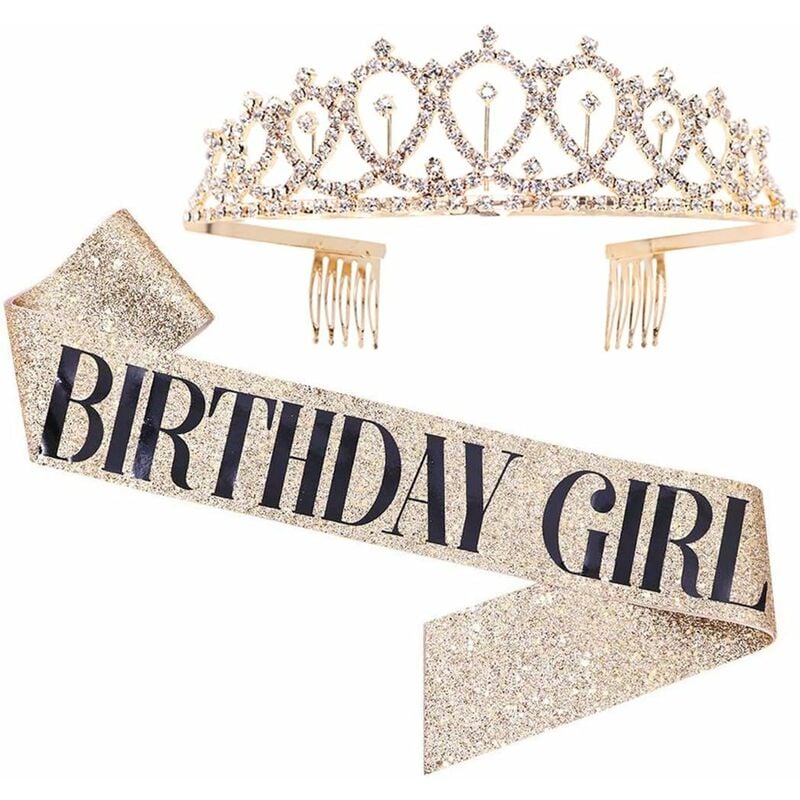 Kit de tiara y banda de diamantes de imitación para niña de cumpleaños, regalos de cumpleaños con purpurina dorada, banda de cumpleaños para mujeres, suministros de fiesta de cumpleaños