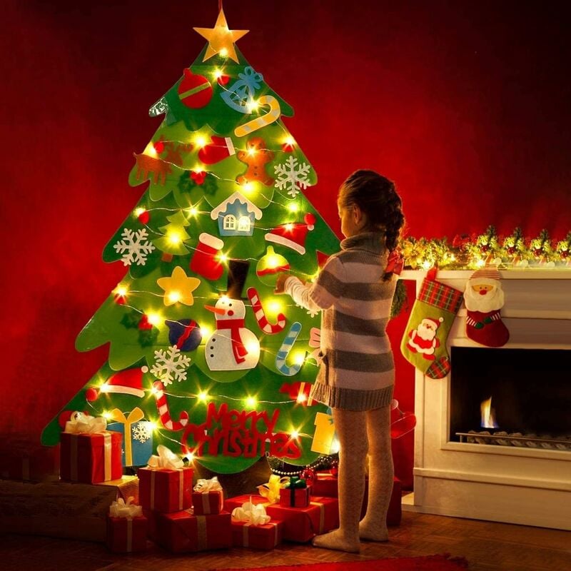Árbol de Navidad de fieltro con luces de cadena 50LEDs 32 Adornos de árboles artificiales Juguete para niños DIY Desmontable Colgante de pared Árbol de Navidad Decoración Ventana Puerta Regalos de Navidad