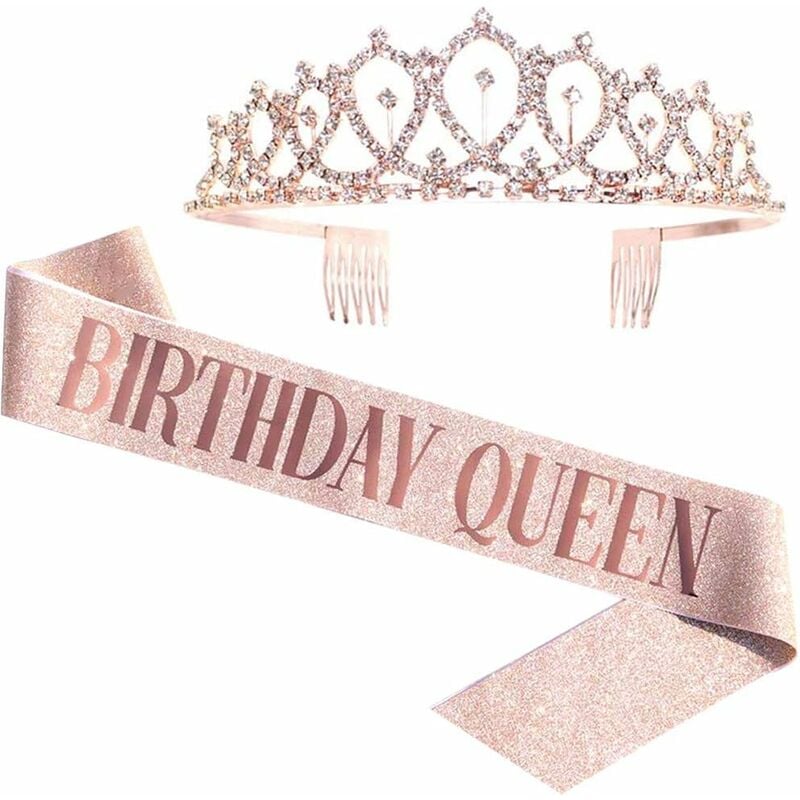 Faja de reina de cumpleaños y tiara de diamantes de imitación - Faja de cumpleaños con purpurina de oro rosa Favores de fiesta de cumpleaños Regalos de cumpleaños