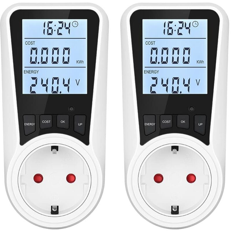 Medidor de potencia para enchufe, medidor de electricidad de tasa dual, medidor de consumo de energía con retroiluminación de pantalla LCD, protección contra sobrecarga y bloqueo para niños, 16A/3680W (2 piezas)