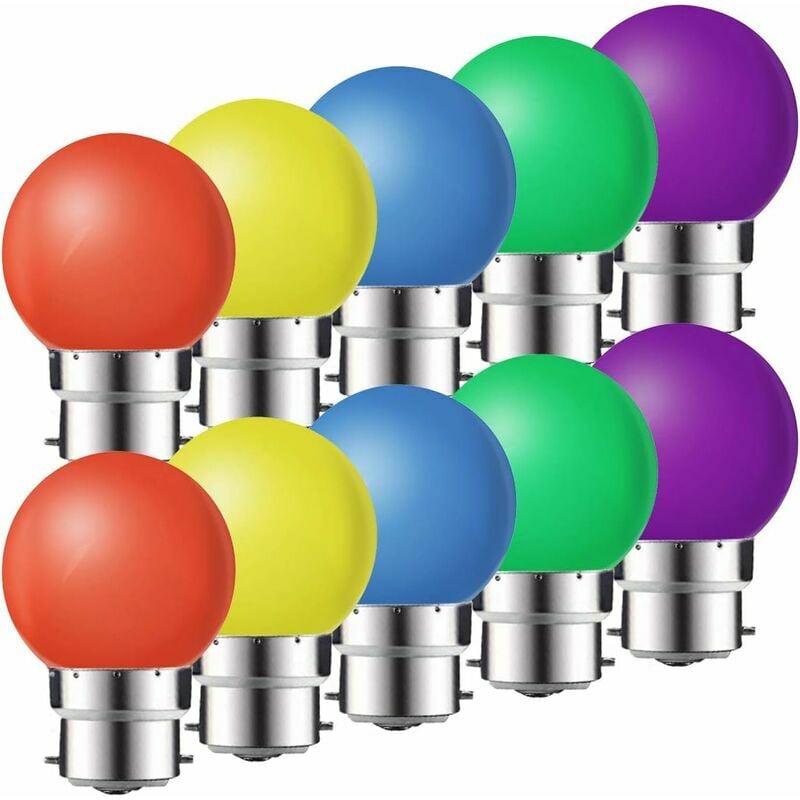 Paquete de 10 bombillas LED B22 de 2 W, bombillas de colores de bajo consumo, bombillas de Navidad, bombillas de guirnalda rojas, amarillas, azules, verdes, moradas, (equivalente a 20 W) [Clase de efi