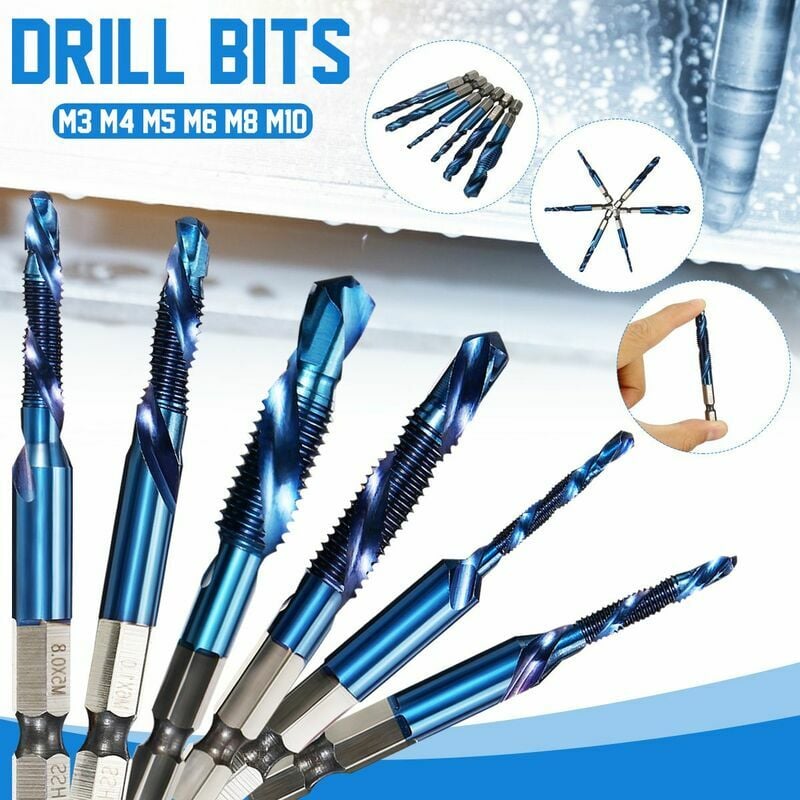 6 uds brocas 1/4 "vástago hexagonal HSS rosca métrica tornillo grifo de acero de alta velocidad brocas espiral Trapezoidal grifo M3-M10