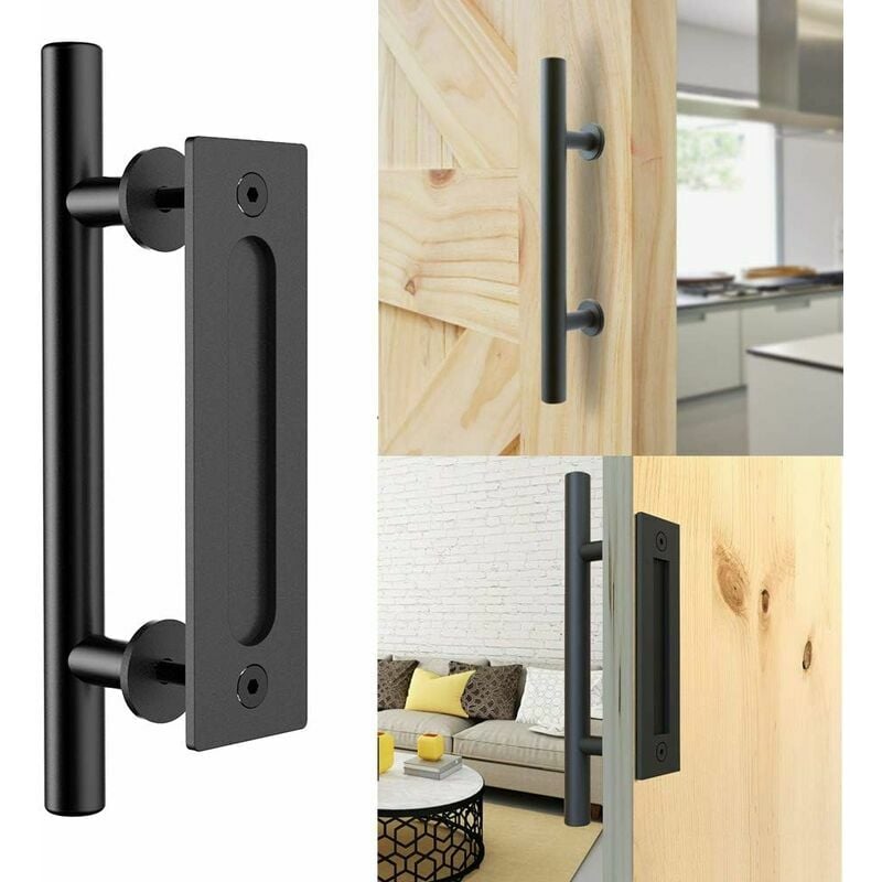 Tirador de puerta corredera retro Tirador de aluminio negro y juegos de manijas de puerta corredera de madera al ras, 30 cm