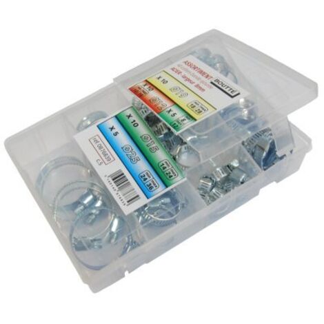 Boîte 40 colliers bande ajourée 8 mm, pour tuyau Ø 10, 12, 15, 19, 25  - BOUTTÉ (1/2)