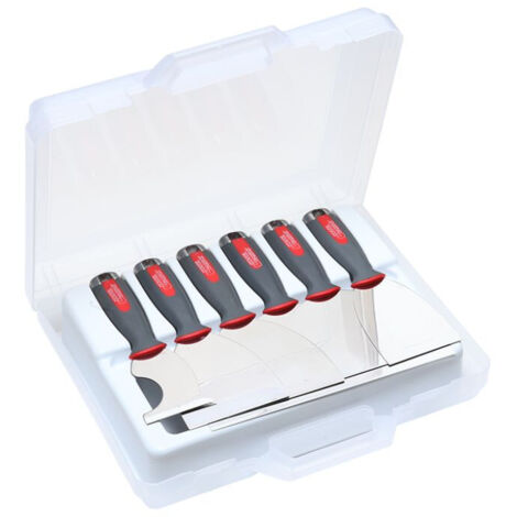 L'Outil Parfait – Malette de 6 couteaux à enduire en acier inoxydable trempé – Longueur de lame 8 à 25 cm – Manche bi-matière Alu-choc – Couteau riflard multi-usages