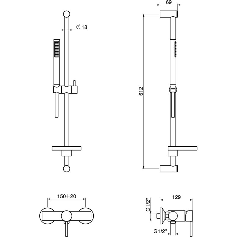 Asta saliscendi doccia in acciaio inox AISI 316 Ponsi Stilox