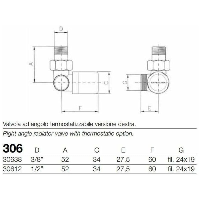 Valvola ad angolo termostatizzabile versione destra Arteclima 306