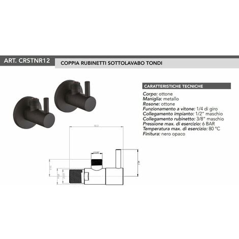 Coppia di rubinetti sottolavabo connessioni 1/2"x 3/8"G Piralla Rubinetterie CRSTNR12  Nero opaco