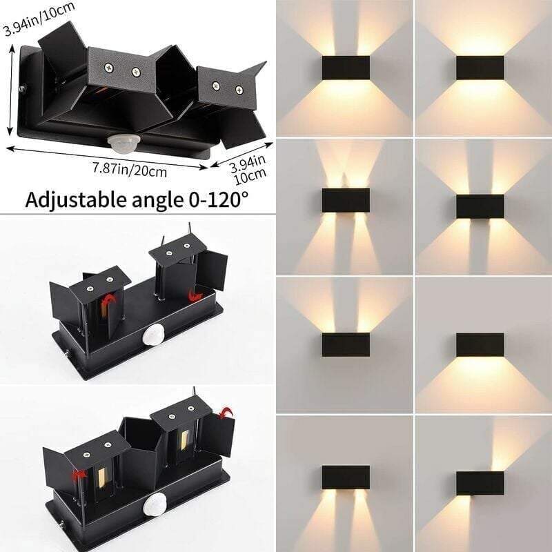 Applique Murale intérieur/Extérieur avec Détecteur de Mouvement,LED 24W Moderne Luminaire Murale,Éclairage Mural Etanche IP65 3000K blanc chaud,Appliques Murales avec Angle de Faisceau Réglable,Noir 3