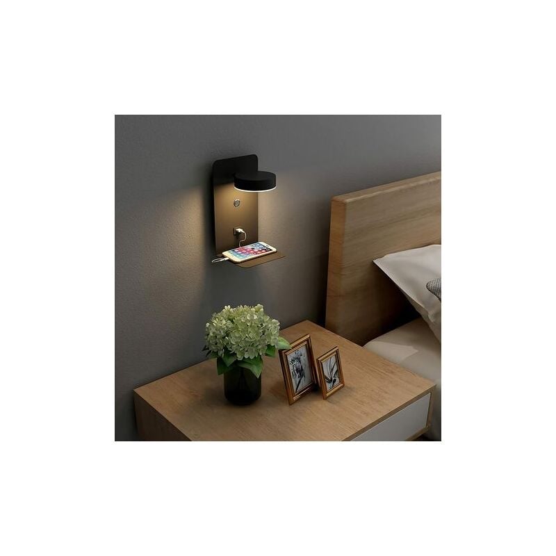 2 Pack LED Applique Murale Intérieure avec interrupteur et interface USB, 12W Applique de Chevet Tricolore Dimmable Lampe De Lecture murale Reglable a 330°, Liseuse Avec plateau, lampe de chevet, Noir 3