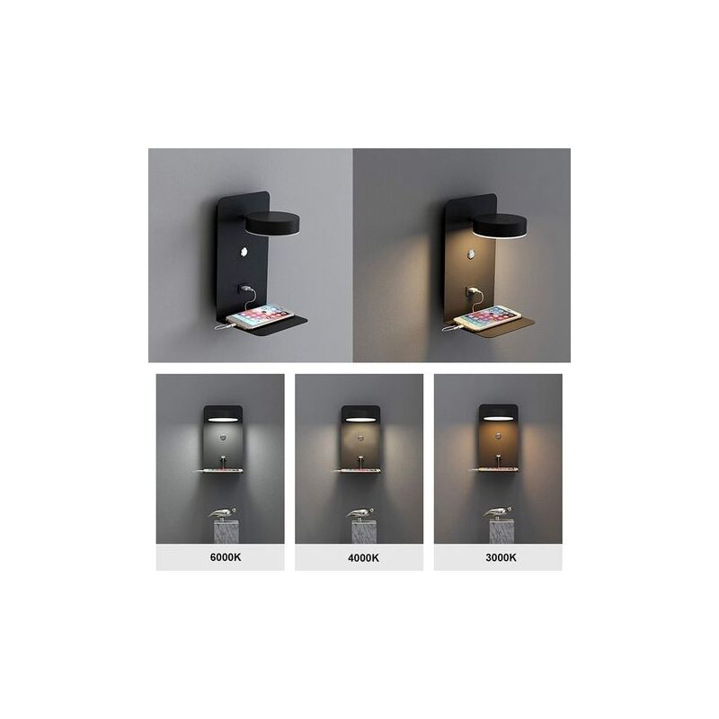 2 Pack LED Applique Murale Intérieure avec interrupteur et interface USB, 12W Applique de Chevet Tricolore Dimmable Lampe De Lecture murale Reglable a 330°, Liseuse Avec plateau, lampe de chevet, Noir 4