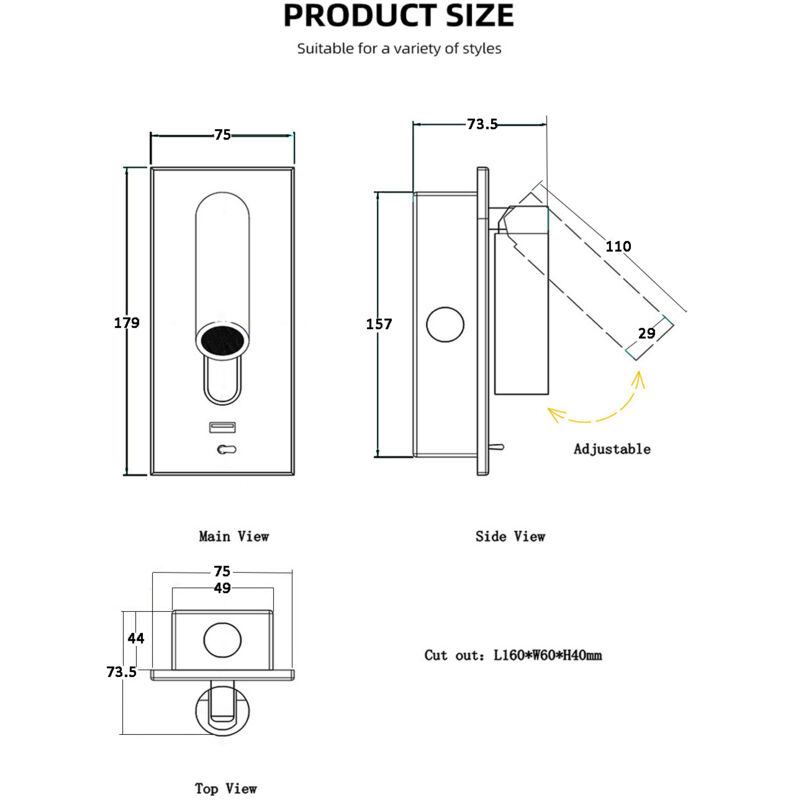 Liseuse LED Lampe de Chevet Interrupteur Caché Lampe de Chevet, Type C Lampe de Chevet Encastrée Applique Murale Lampe de Lecture, Rotatif à 350° Pliable à 90°, 3W Lumière Chaude 3000K, couleur noir 2