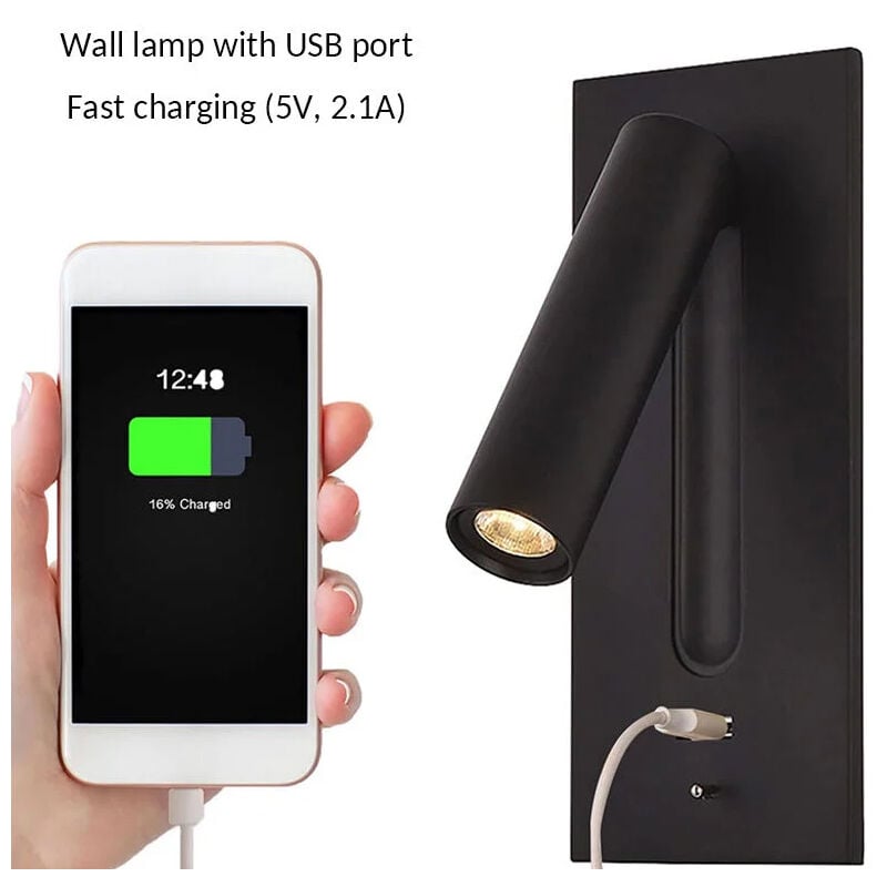 Liseuse LED Lampe de Chevet Interrupteur Caché Lampe de Chevet, Type C Lampe de Chevet Encastrée Applique Murale Lampe de Lecture, Rotatif à 350° Pliable à 90°, 3W Lumière Chaude 3000K, couleur noir 3