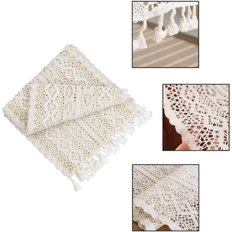 Chemin de Table en Macramé Beige, 24 x 180 cm Chemin de Table en Dentelle Vintage avec Glands, pour Mariage Bohème, Décoration de Table à Manger à la Maison, la Décoration de la Salle a Manger,Ou de l
