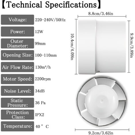 Extracteur D'air Axial 10 Cm, 110 M³/h - Silencieux (35 DB) - Pour Salle De Bain, Tente De Culture, Local Technique