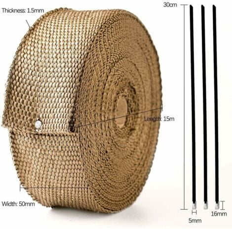 Ruban Isolant Thermique Titane 15M x 50MM, Bande Thermique Echappement Ruban Isolant Collecteur Pot Echappement Noir en Inox avec 4 Colliers de Serrage