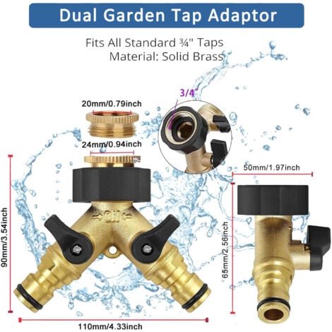 Distributeur de Tuyau d'Arrosage en Laiton à 2 Voies, Séparateur de Robinet d'Eau en Y avec Vannes Marche/Arrêt Individuelles pour Arrosage de Nettoyage connecteur de Tuyau d'Irrigation