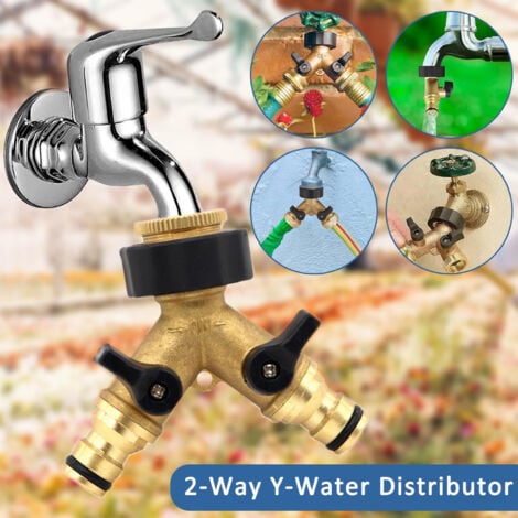Distributeur de Tuyau d'Arrosage en Laiton à 2 Voies, Séparateur de Robinet d'Eau en Y avec Vannes Marche/Arrêt Individuelles pour Arrosage de Nettoyage connecteur de Tuyau d'Irrigation