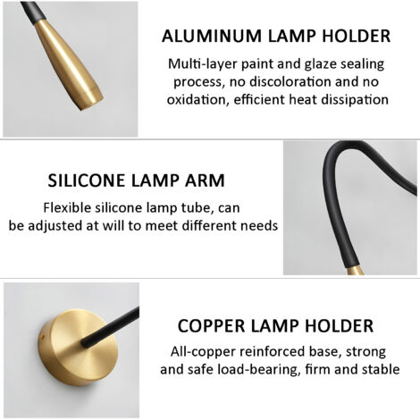 LED Lampes de Lecture, Lampe Chevet Murale Ajustable à Col de Cygne Lumière Liseuse Flexible Modern Lampe en cuivre haut de gamme pour salle d'étude, projecteur de lecture créatif