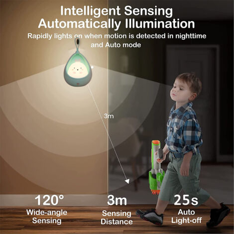 Veilleuse mignonne pour enfants, lampe de chevet LED avec détecteur de mouvement, crochet portable, lampe animal rechargeable par USB pour chambre de bébé, cadeau d'anniversaire