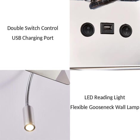 Applique Murale Chevet avec Port USB, Ajustable Flexible Col de Cygne Applique de Lecture Moderne E27 Lampe de Murale avec 2 Interrupteurs et Abat Jour Tissu Lampes Murale pour Chambre,Blanc