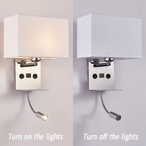 Applique Murale Chevet avec Port USB, Ajustable Flexible Col de Cygne Applique de Lecture Moderne E27 Lampe de Murale avec 2 Interrupteurs et Abat Jour Tissu Lampes Murale pour Chambre,Blanc
