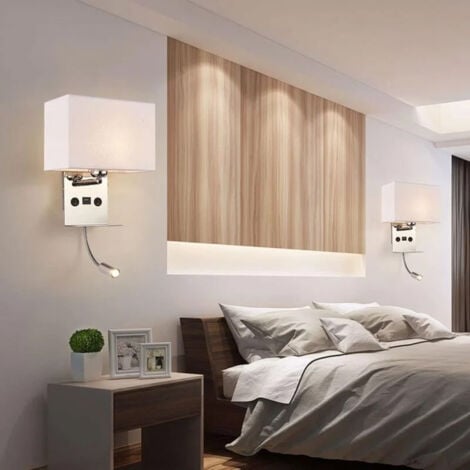 Applique Murale Chevet avec Port USB, Ajustable Flexible Col de Cygne Applique de Lecture Moderne E27 Lampe de Murale avec 2 Interrupteurs et Abat Jour Tissu Lampes Murale pour Chambre,Blanc