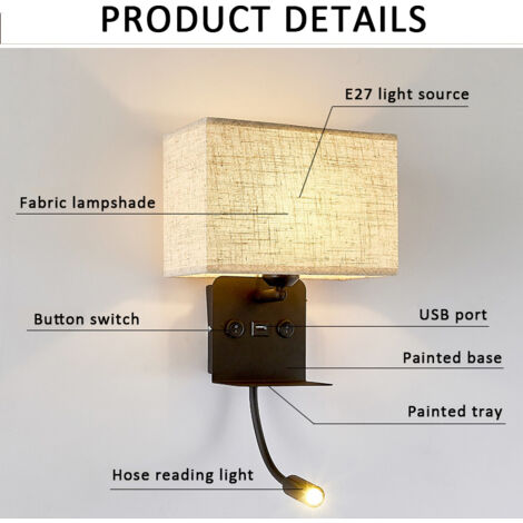 Applique Murale Intérieure avec Flexible LED Liseuse, Applique de Chevet avec Port USB Applique et Étagère, Lampe Murale de Chambre à Coucher avec Abat Jour Tissu,White Light Reading Light,C