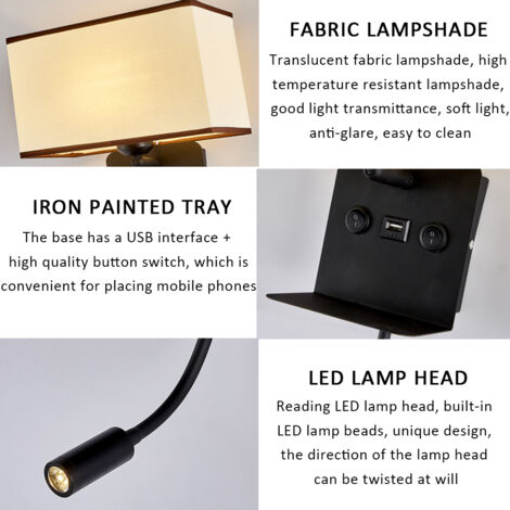 Applique Murale Intérieure avec Flexible LED Liseuse, Applique de Chevet avec Port USB Applique et Étagère, Lampe Murale de Chambre à Coucher avec Abat Jour Tissu,White Light Reading Light,C