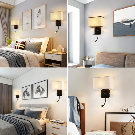 Applique Murale Intérieure avec Flexible LED Liseuse, Applique de Chevet avec Port USB Applique et Étagère, Lampe Murale de Chambre à Coucher avec Abat Jour Tissu,White Light Reading Light,C