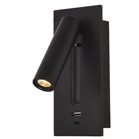 Liseuse LED Lampe de Chevet Interrupteur Caché Lampe de Chevet, Type C Lampe de Chevet Encastrée Applique Murale Lampe de Lecture, Rotatif à 350° Pliable à 90°, 3W Lumière Chaude 3000K, couleur noir