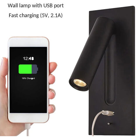 Liseuse LED Lampe de Chevet Interrupteur Caché Lampe de Chevet, Type C Lampe de Chevet Encastrée Applique Murale Lampe de Lecture, Rotatif à 350° Pliable à 90°, 3W Lumière Chaude 3000K, couleur noir