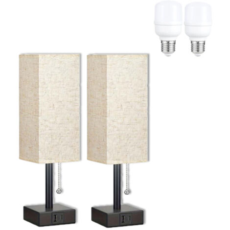 Lot de 2 lampes de chevet tactiles, avec ports USB-A et USB-C, 3 ampoules à intensité variable, abat-jour en lin blanc, pour chambre à coucher, salon, bureau (2 ampoules incluses)